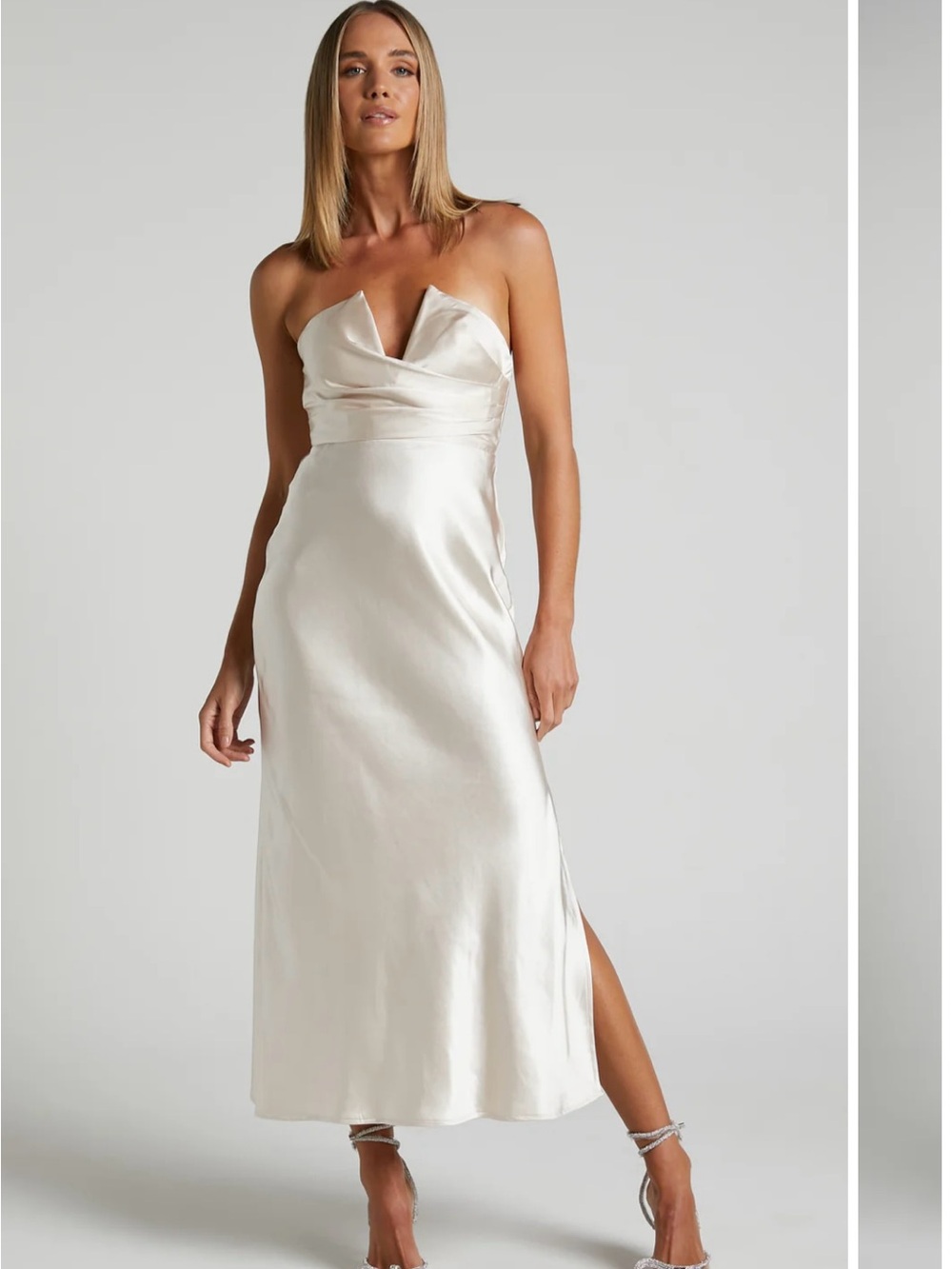 Showpo Cream Strapless Satin Midi Dress